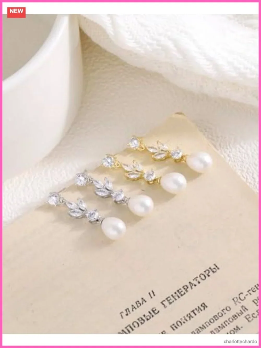 14k Gold Plated Pearl Drop Earrings with Cubic Zirconia, Hypoallergenic Wedding